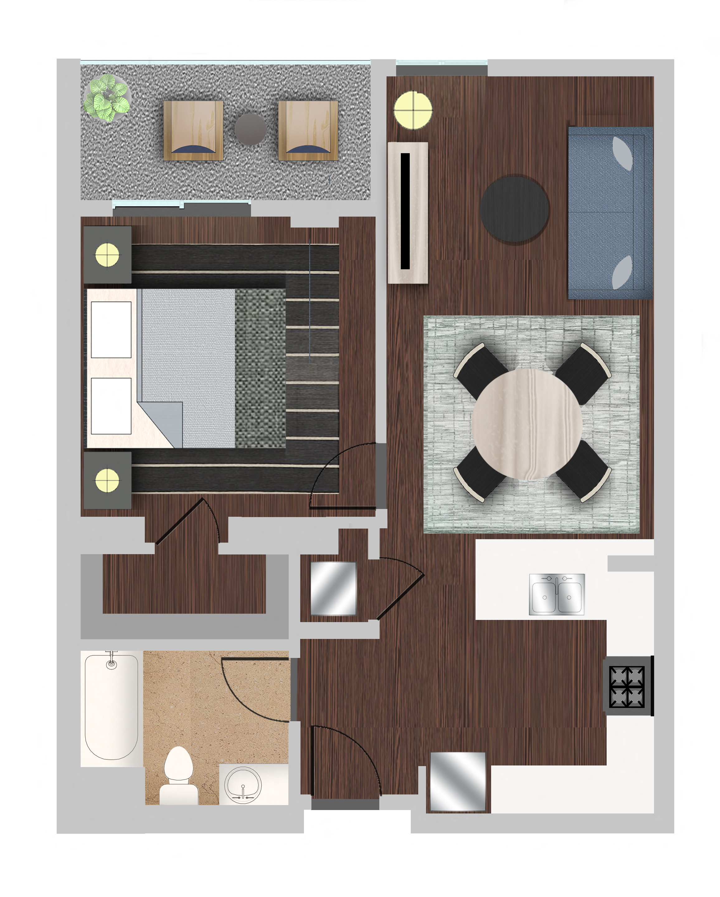Floor plan for 1 bed, 1 bath, 774 sqft